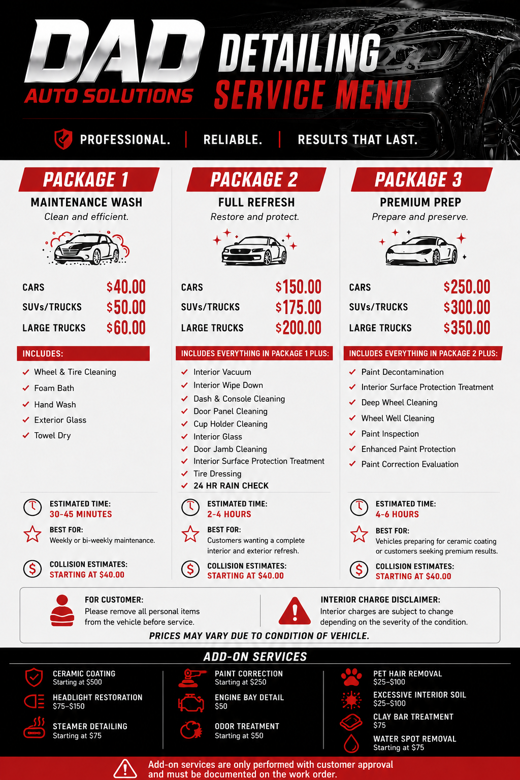 D.A.D. Auto Solutions detailing service menu with pricing