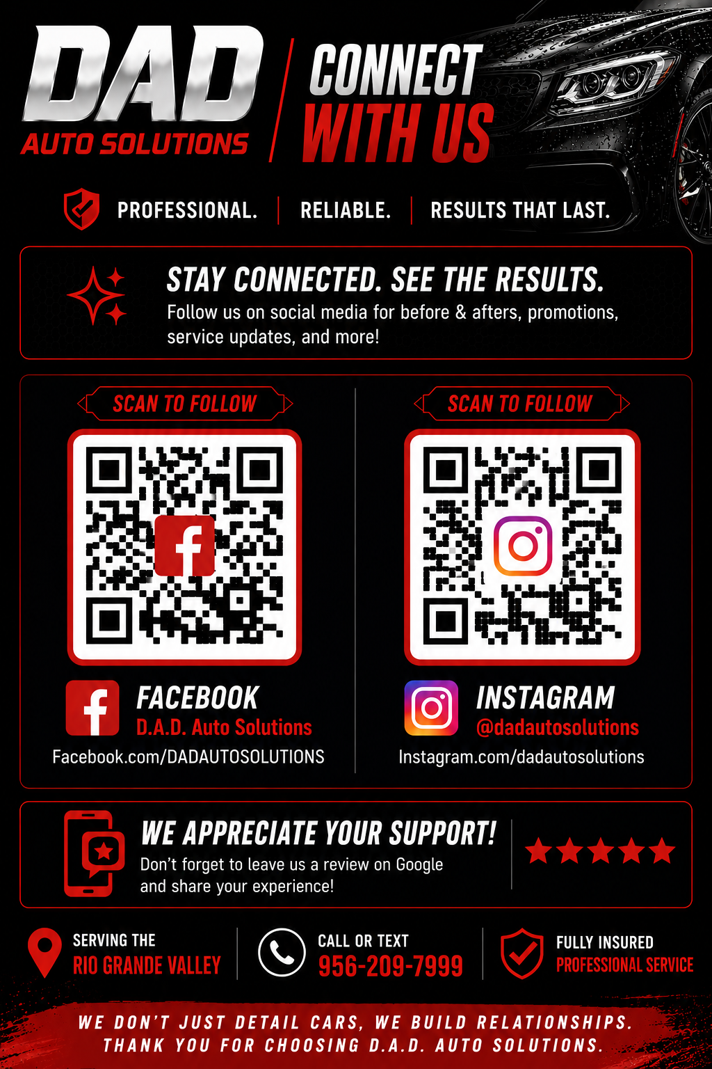Social media contact and review flyer for D.A.D. Auto Solutions
